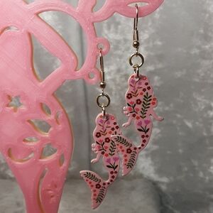 Handmade Pink With Flowers Enamel Mermaid Earrings